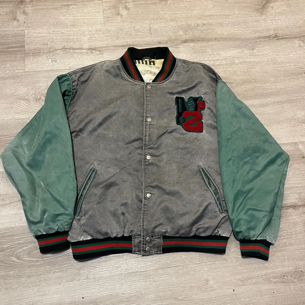 Point Zero Grey Body Green Sleeve Varsity Jacket with Embroidered Back - Picture 2 of 4